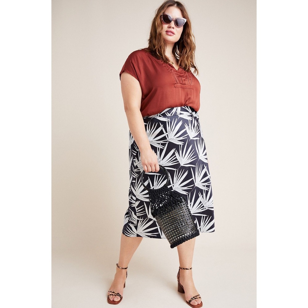Anthro Black & White Palm-Print Midi Skirt